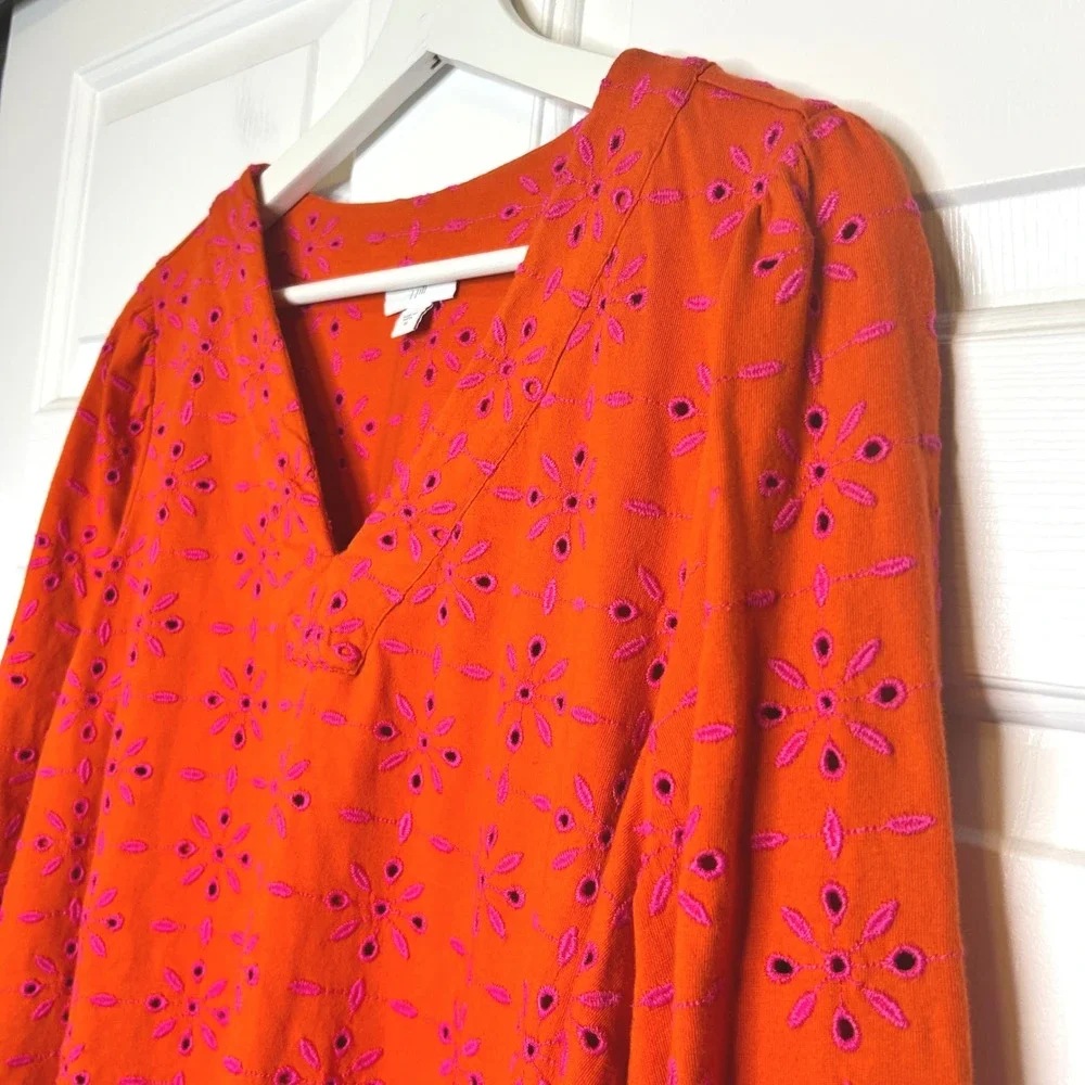 J Jill Contrasting Eyelet Tunic Embroidered Orange Pink 3/4 Sleeve V Neck Blouse - Picture 4 of 7